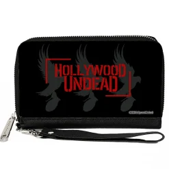 Women's PU Zip Around Wallet Rectangle - HOLLYWOOD UNDEAD Text Logo Tri-Dove & Grenade Icon Black Gray Red