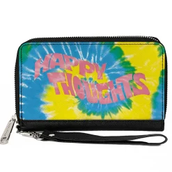 Women's PU Zip Around Wallet Rectangle - HAPPY THOUGHTS Tie Dye Blue Yellow White Pink