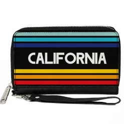 Women's PU Zip Around Wallet Rectangle - CALIFORNIA Stripes Black White Multi Color