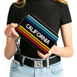 Women's PU Zip Around Wallet Rectangle - CALIFORNIA Stripes Black White Multi Color