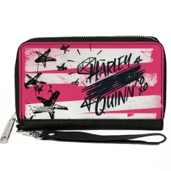 Women's PU Zip Around Wallet Rectangle - Birds of Prey HARLEY QUINN Text Diamond Stars Pinks White Black