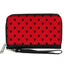 Women's PU Zip Around Wallet Rectangle - Mickey Mouse Head Silhouette Flip Red Black