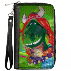 Women's PU Zip Around Wallet Rectangle - Toy Story Partysaurus Rex Viking Pose Greens Multi Color