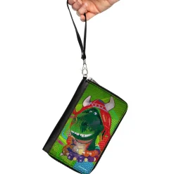 Women's PU Zip Around Wallet Rectangle - Toy Story Partysaurus Rex Viking Pose Greens Multi Color