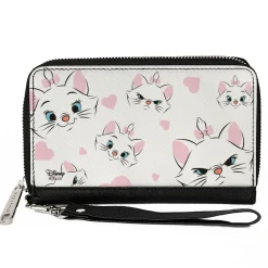 Women's PU Zip Around Wallet Rectangle - Aristocats Marie Expressions Hearts Scattered White Pink