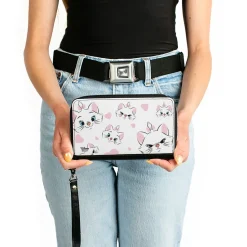 Women's PU Zip Around Wallet Rectangle - Aristocats Marie Expressions Hearts Scattered White Pink