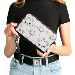 Women's PU Zip Around Wallet Rectangle - Aristocats Marie Expressions Hearts Scattered White Pink