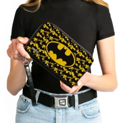 Women's PU Zip Around Wallet Rectangle - Bat Signal Centered Stacked Yellow Black