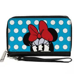 Women's PU Zip Around Wallet Rectangle - Minnie Style Face CLOSE-UP Dots Blue White