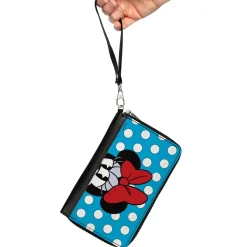 Women's PU Zip Around Wallet Rectangle - Minnie Style Face CLOSE-UP Dots Blue White