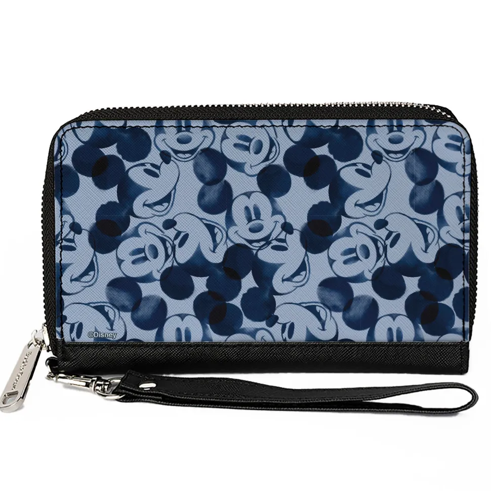 Women's PU Zip Around Wallet Rectangle - Mickey Mouse Expression Impressions Stacked Gray Blues