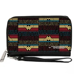 Women's PU Zip Around Wallet Rectangle - Wonder Woman 1984 TRUTH LOVE & JUSTICE Black Blue Red Gold