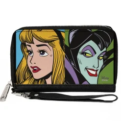Women's PU Zip Around Wallet Rectangle - Sleeping Beauty Princess Aurora and Maleficent Face Blocks
