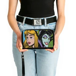Women's PU Zip Around Wallet Rectangle - Sleeping Beauty Princess Aurora and Maleficent Face Blocks