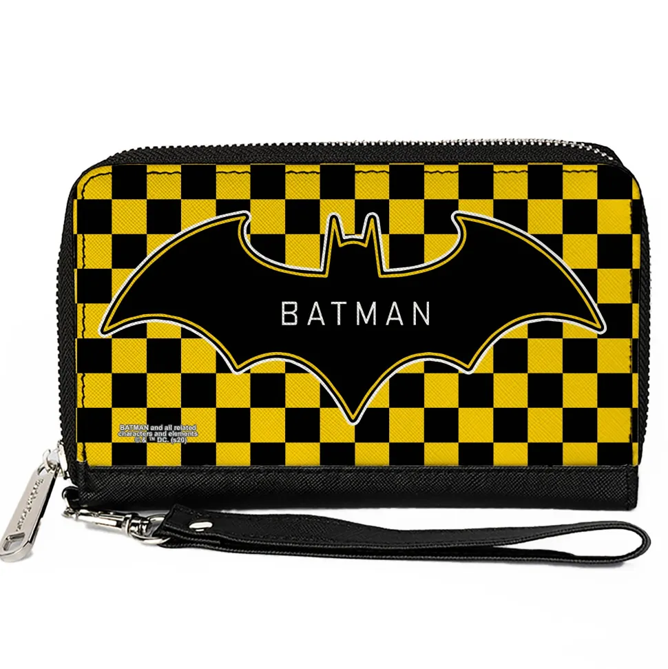 Women's PU Zip Around Wallet Rectangle - BATMAN Bat Logo Close-Up Checker Yellow Black