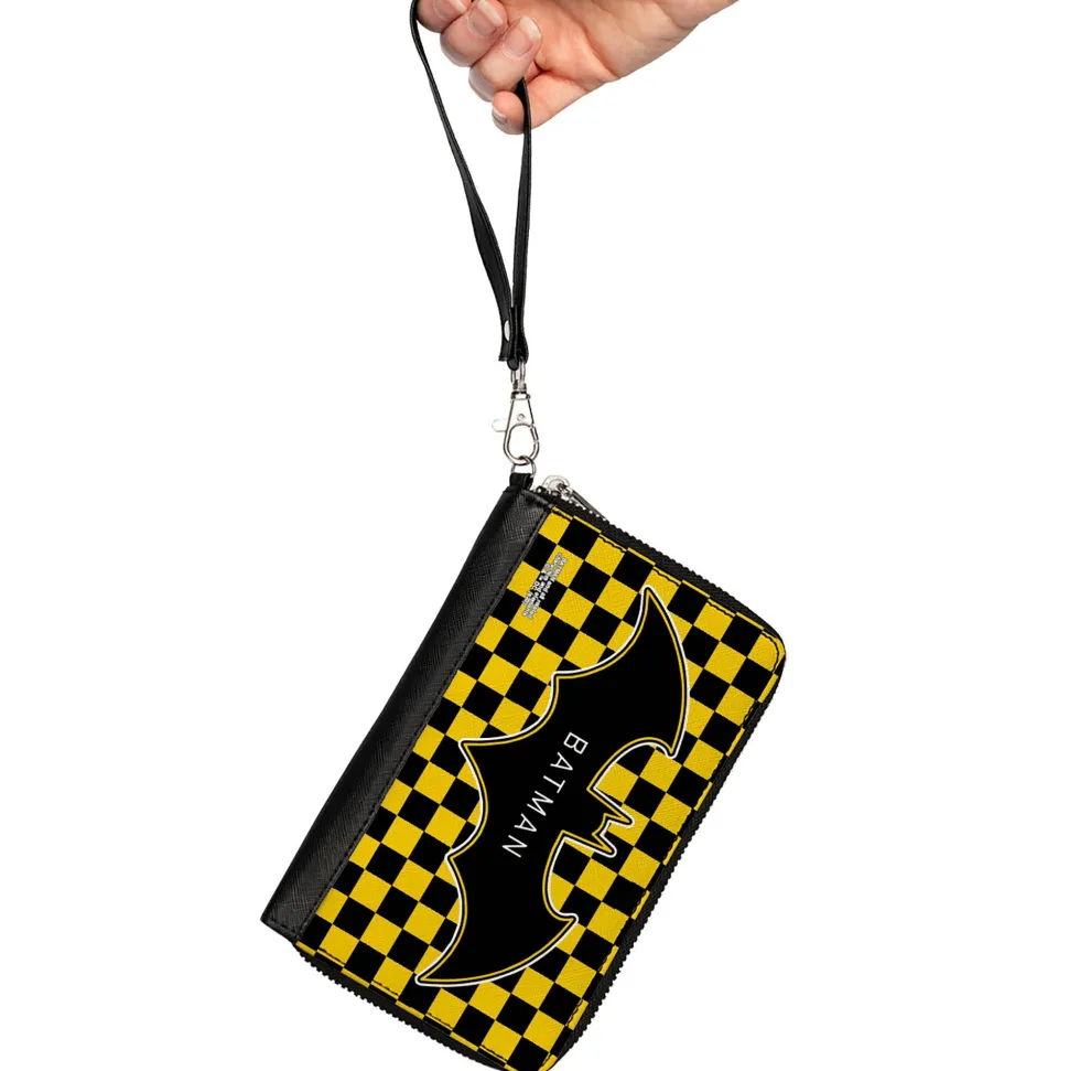 Women's PU Zip Around Wallet Rectangle - BATMAN Bat Logo Close-Up Checker Yellow Black