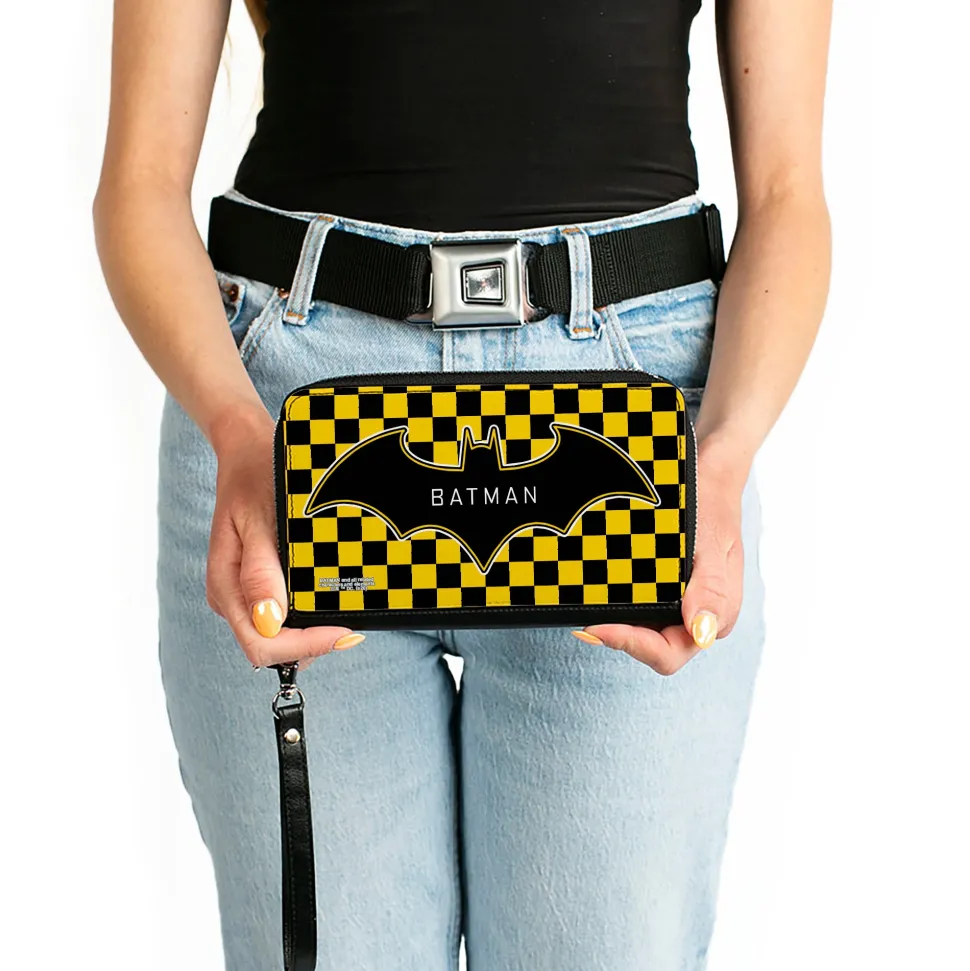 Women's PU Zip Around Wallet Rectangle - BATMAN Bat Logo Close-Up Checker Yellow Black