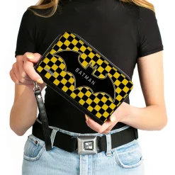 Women's PU Zip Around Wallet Rectangle - BATMAN Bat Logo Close-Up Checker Yellow Black