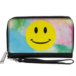 Women's PU Zip Around Wallet Rectangle - Smiley Face Tie Dye Blues Greens Pinks Yellows
