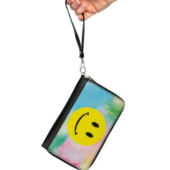 Women's PU Zip Around Wallet Rectangle - Smiley Face Tie Dye Blues Greens Pinks Yellows