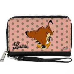 Women's PU Zip Around Wallet Rectangle - BAMBI Face Dots Pink Mauve