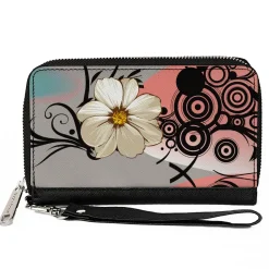 Women's PU Zip Around Wallet Rectangle - Flowers w Filigree Pink