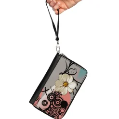 Women's PU Zip Around Wallet Rectangle - Flowers w Filigree Pink