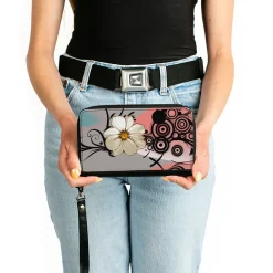 Women's PU Zip Around Wallet Rectangle - Flowers w Filigree Pink