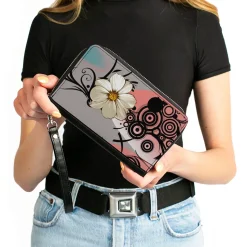 Women's PU Zip Around Wallet Rectangle - Flowers w Filigree Pink