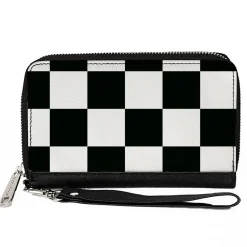 Women's PU Zip Around Wallet Rectangle - Checker CLOSE-UP Black White