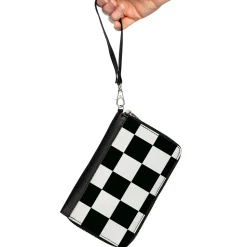 Women's PU Zip Around Wallet Rectangle - Checker CLOSE-UP Black White