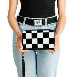 Women's PU Zip Around Wallet Rectangle - Checker CLOSE-UP Black White