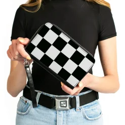 Women's PU Zip Around Wallet Rectangle - Checker CLOSE-UP Black White