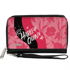 Women's PU Zip Around Wallet Rectangle - Birds of Prey HARLEY QUINN Text Diamond Stars Flowers Pinks Black White