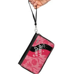 Women's PU Zip Around Wallet Rectangle - Birds of Prey HARLEY QUINN Text Diamond Stars Flowers Pinks Black White