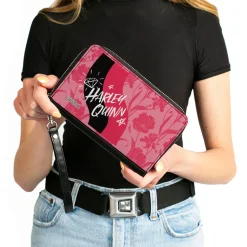 Women's PU Zip Around Wallet Rectangle - Birds of Prey HARLEY QUINN Text Diamond Stars Flowers Pinks Black White