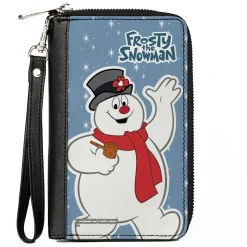 Women's PU Zip Around Wallet Rectangle - FROSTY THE SNOWMAN Waving Pose Blue White