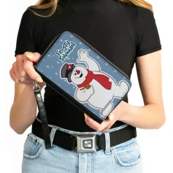 Women's PU Zip Around Wallet Rectangle - FROSTY THE SNOWMAN Waving Pose Blue White