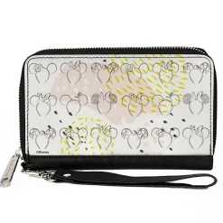 Women's PU Zip Around Wallet Rectangle - Minnie Mouse Ears Sketches White Pinks Grays