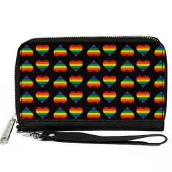 Women's PU Zip Around Wallet Rectangle - Rainbow Hearts Flip Black Multi Color