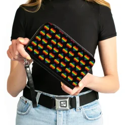 Women's PU Zip Around Wallet Rectangle - Rainbow Hearts Flip Black Multi Color