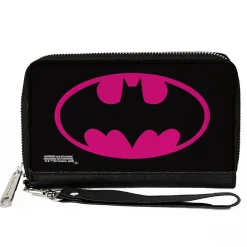 Women's PU Zip Around Wallet Rectangle - Batman Bat Logo Black Fuchsia