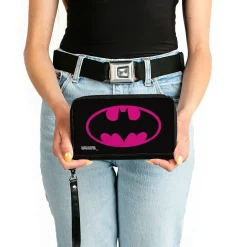 Women's PU Zip Around Wallet Rectangle - Batman Bat Logo Black Fuchsia