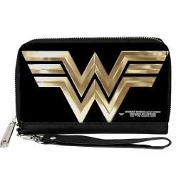 Women's PU Zip Around Wallet Rectangle - Wonder Woman 1984 WW Logo Black Golds