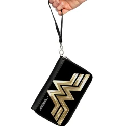Women's PU Zip Around Wallet Rectangle - Wonder Woman 1984 WW Logo Black Golds