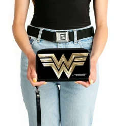 Women's PU Zip Around Wallet Rectangle - Wonder Woman 1984 WW Logo Black Golds
