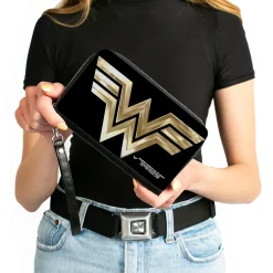Women's PU Zip Around Wallet Rectangle - Wonder Woman 1984 WW Logo Black Golds