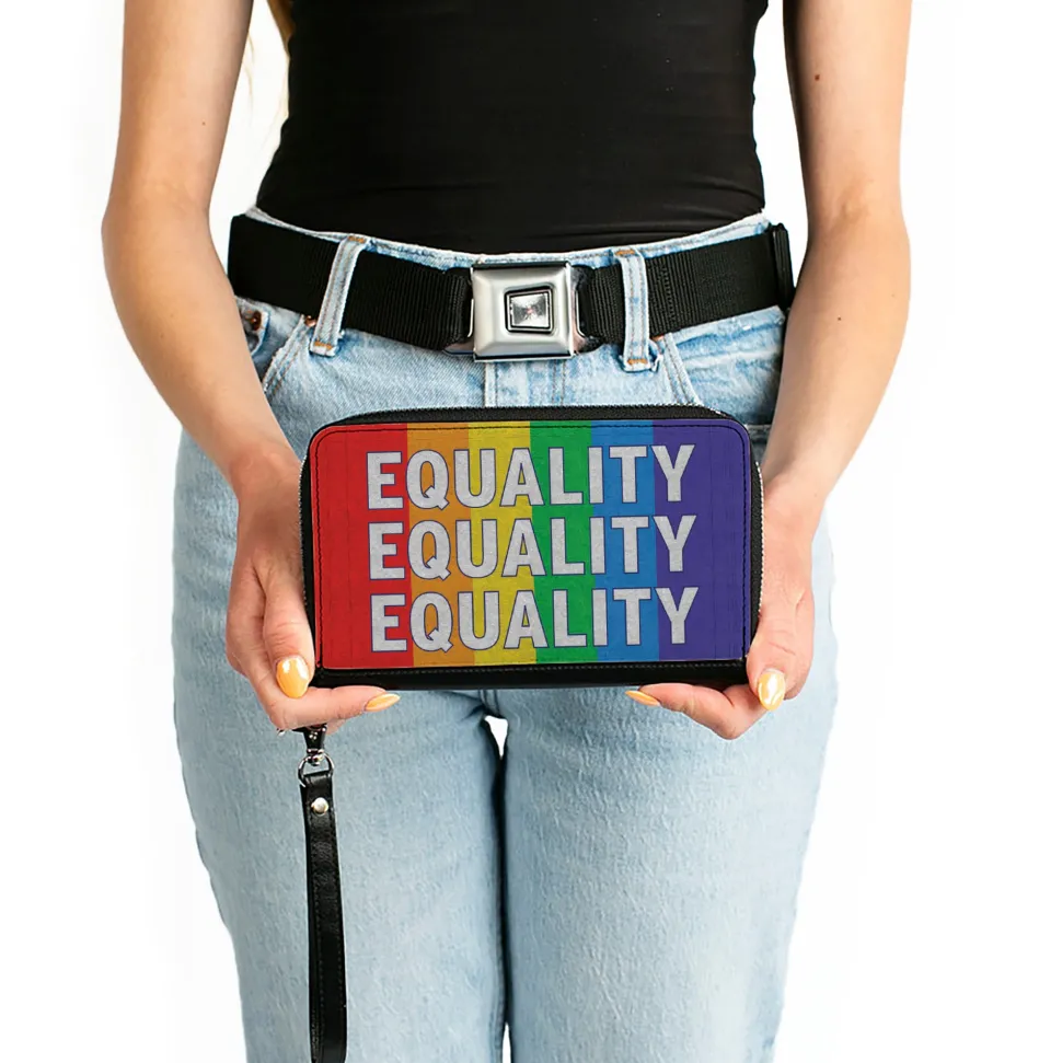 Women's PU Zip Around Wallet Rectangle - EQUALITY Blocks Rainbow Blue White