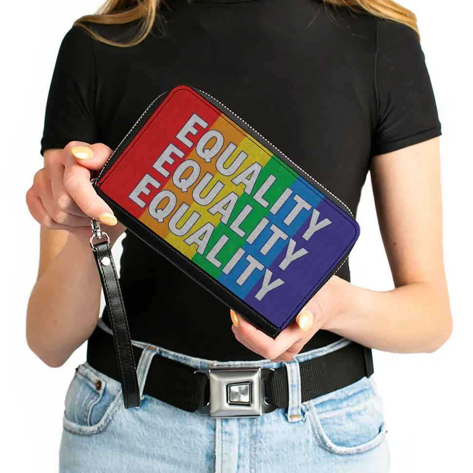 Women's PU Zip Around Wallet Rectangle - EQUALITY Blocks Rainbow Blue White