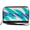 Women's PU Zip Around Wallet Rectangle - Jazzy Wave Scribble White Teal Purple
